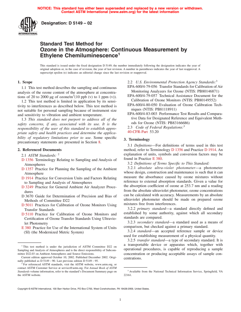 ASTM D5149-02 - Standard Test Method for Ozone in the Atmosphere: Continuous Measurement by Ethylene Chemiluminescence