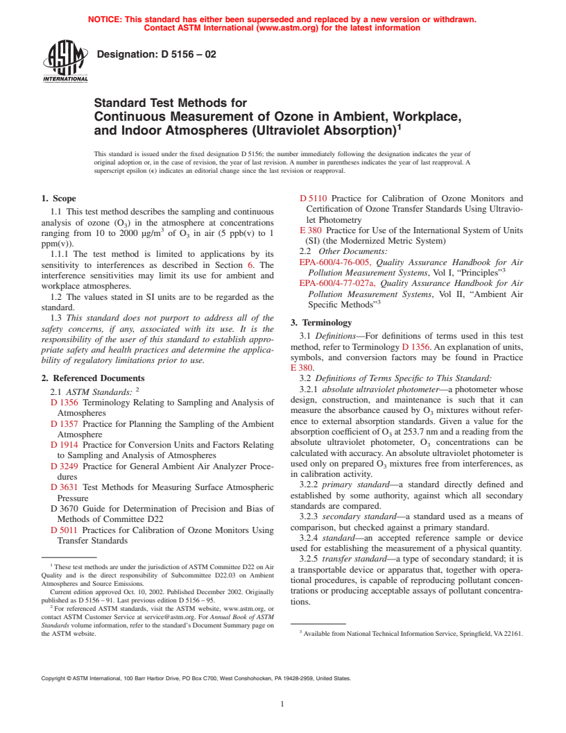 ASTM D5156-02 - Standard Test Methods for Continuous Measurement of Ozone in Ambient, Workplace, and Indoor Atmospheres (Ultraviolet Absorption)