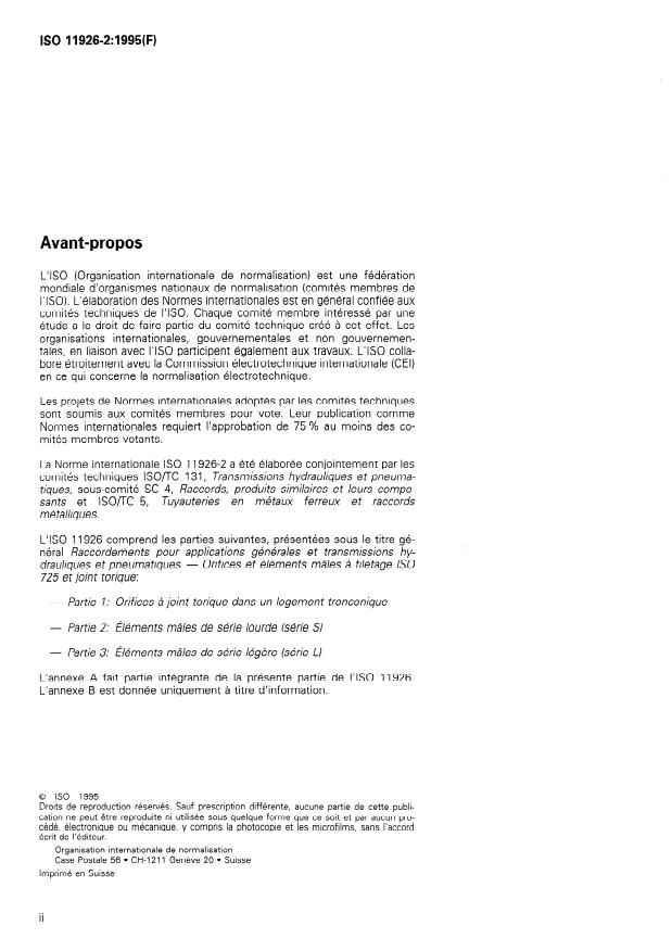 ISO 11926-2:1995 ISO 11926-2:1995 - Raccordements pour applications générales et transmissions hydrauliques et pneumatiques -- Orifices et éléments mâles a filetage ISO 725 et joint torique - Page 2 preview