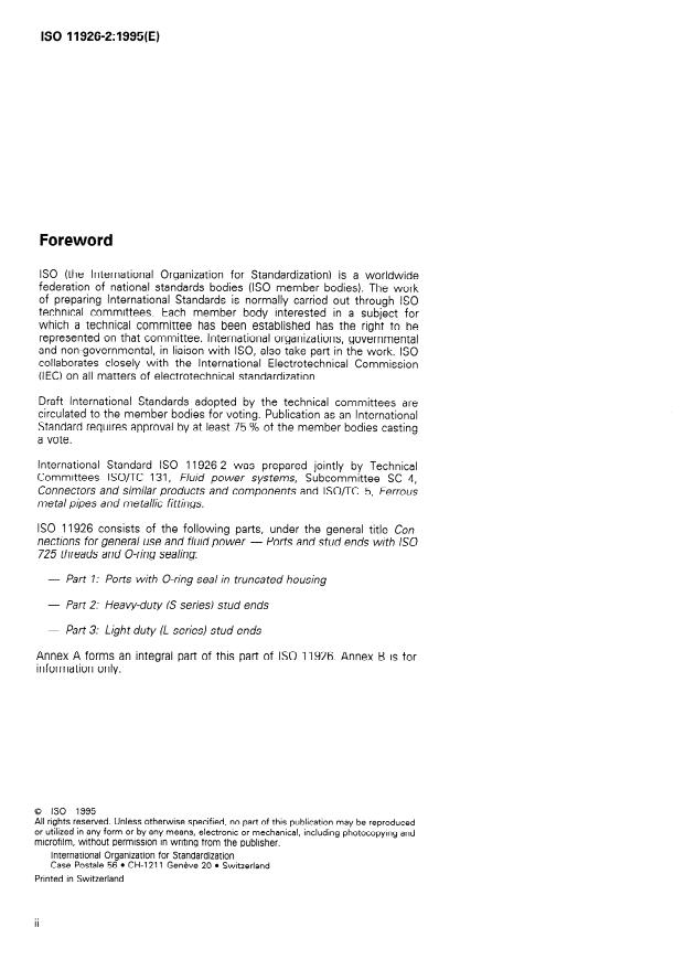 ISO 11926-2:1995 ISO 11926-2:1995 - Connections for general use and fluid power -- Ports and stud ends with ISO 725 threads and O-ring sealing - Page 2 preview