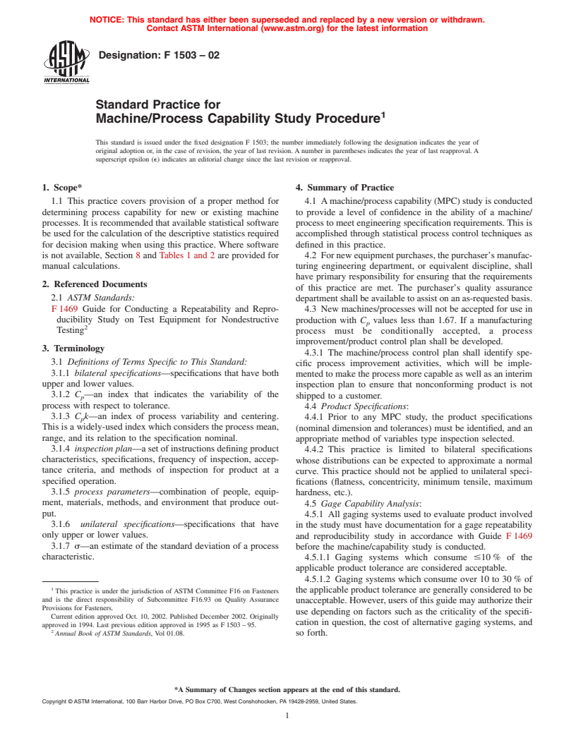 ASTM F1503-02 - Practice for Machine/Process Capability Study Procedure