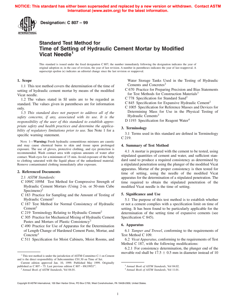 ASTM C807-99 - Standard Test Method for Time of Setting of Hydraulic Cement Mortar by Modified Vicat Needle