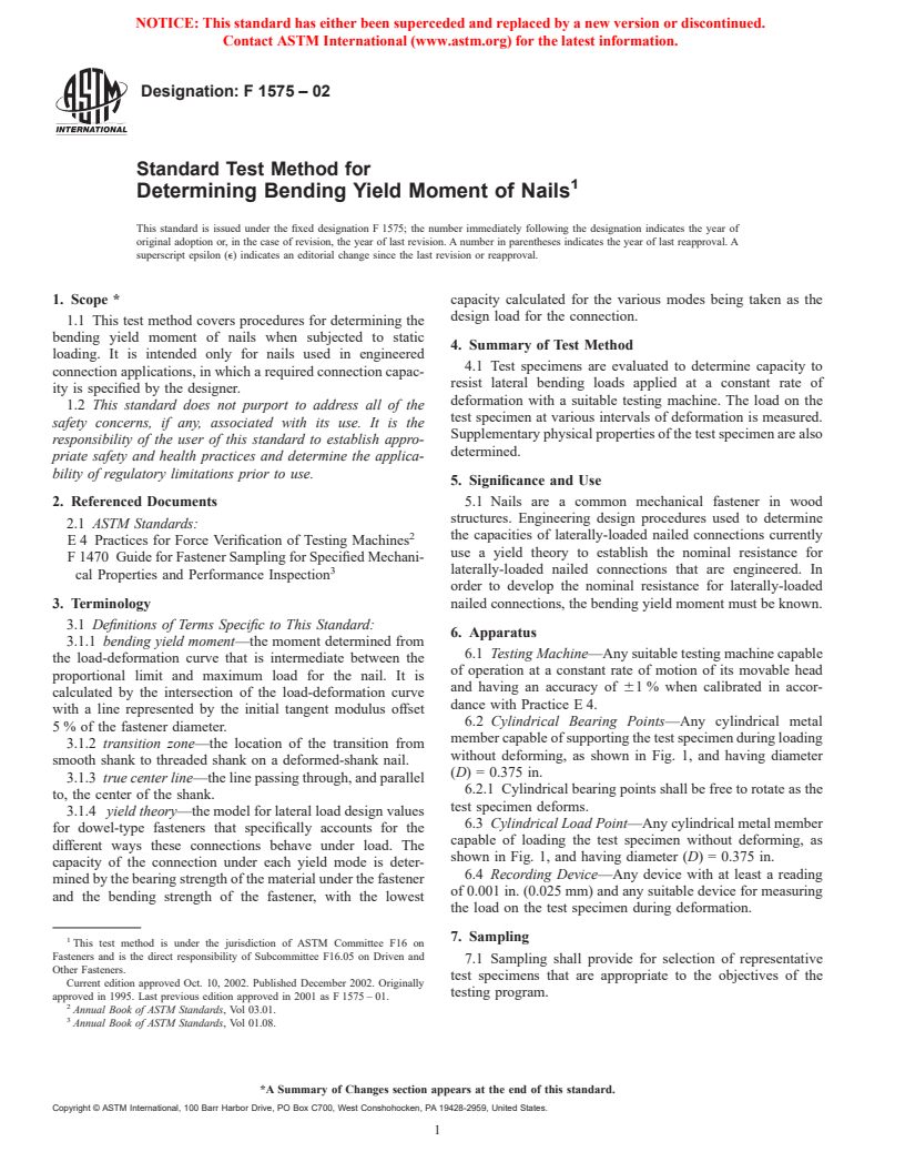 ASTM F1575-02 - Standard Test Method for Determining Bending Yield Moment of Nails