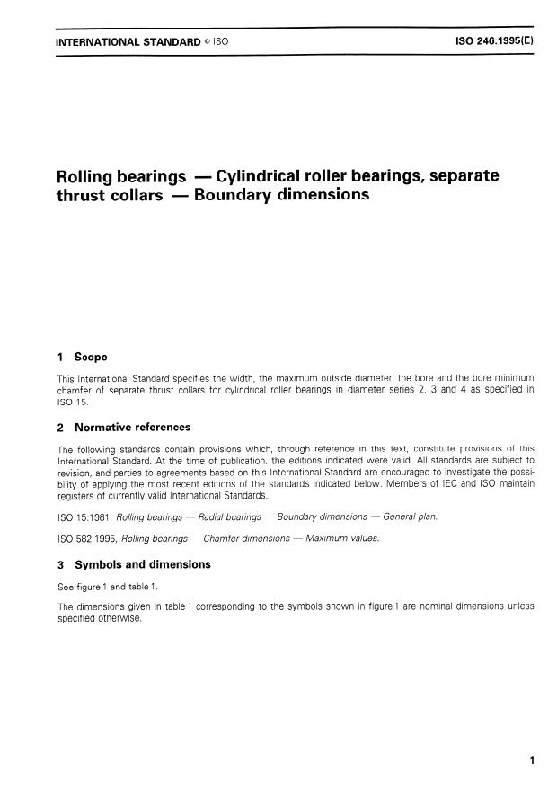 ISO 246:1995 - Rolling bearings -- Cylindrical roller bearings, separate thrust collars -- Boundary dimensions