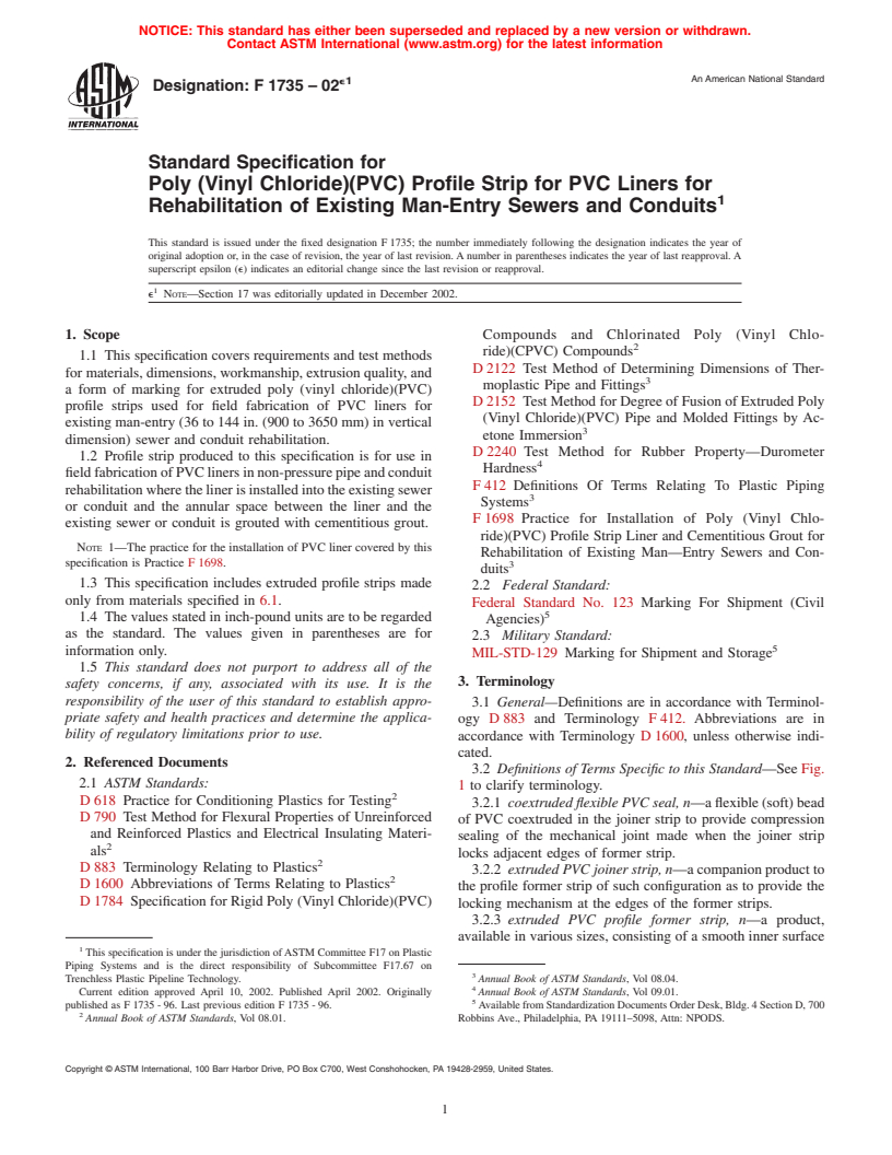 ASTM F1735-02e1 - Standard Specification for Poly (Vinyl Chloride) (PVC) Profile Strip for PVC Liners for Rehabilitation of Existing Man-Entry Sewers and Conduits