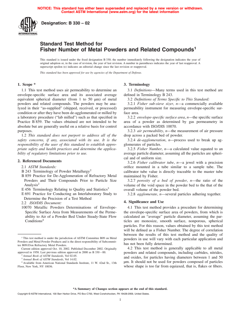 ASTM B330-02 - Standard Test Method for Fisher Number of Metal Powders and  Related Compounds