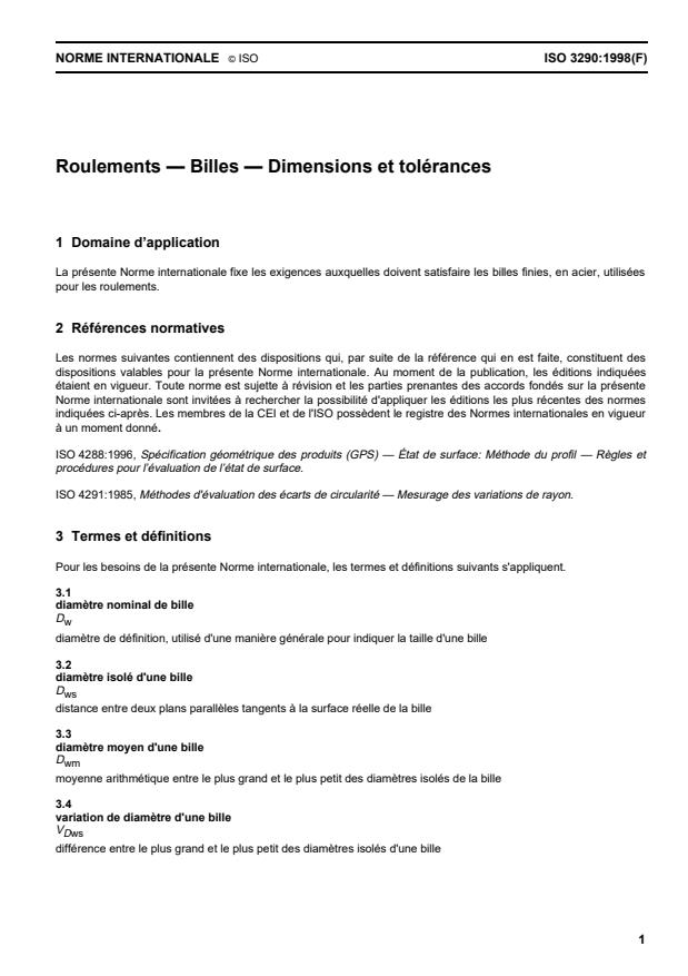 ISO 3290:1998 - Roulements -- Billes -- Dimensions et tolérances