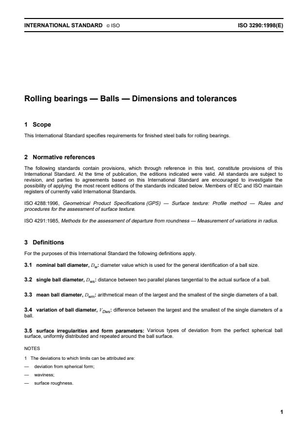 ISO 3290:1998 - Rolling bearings -- Balls -- Dimensions and tolerances