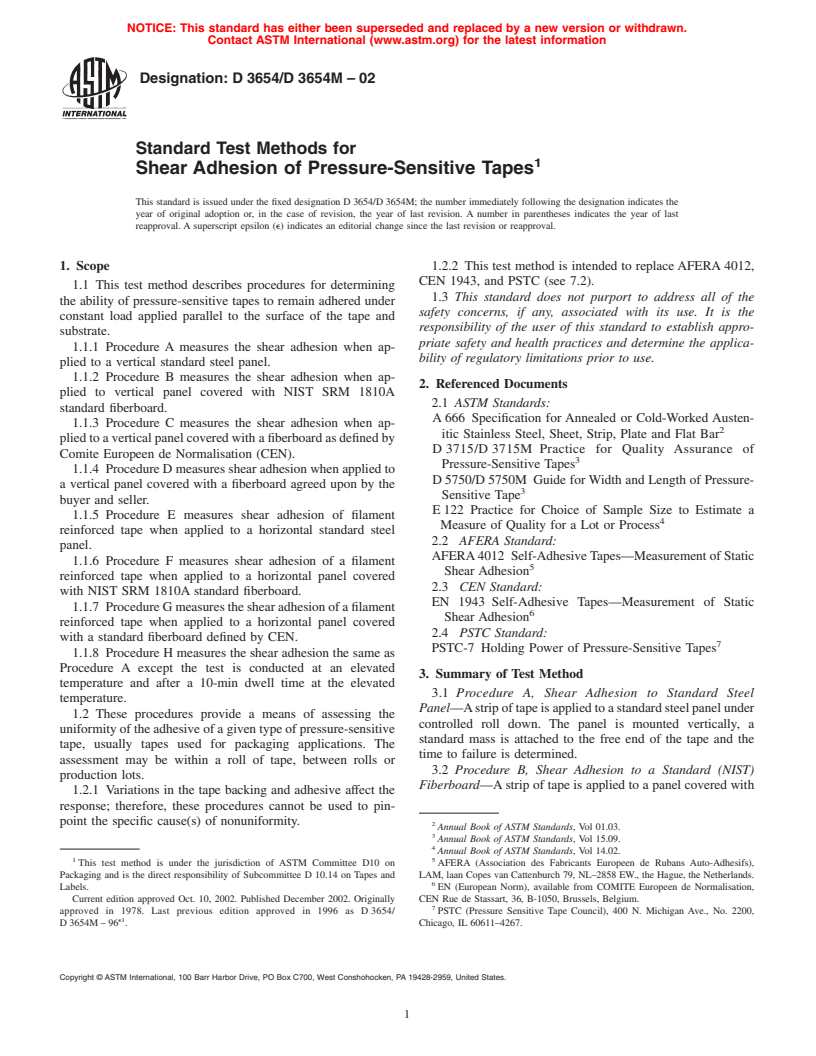 ASTM D3654/D3654M-02 - Standard Test Methods for Shear Adhesion of Pressure-Sensitive Tapes