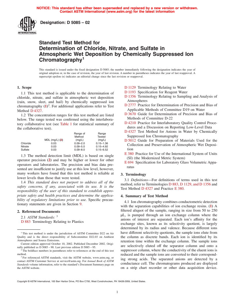 ASTM D5085-02 - Standard Test Method for Determination of Chloride, Nitrate, and Sulfate in Atmospheric Wet Deposition by Chemically Suppressed Ion Chromatography