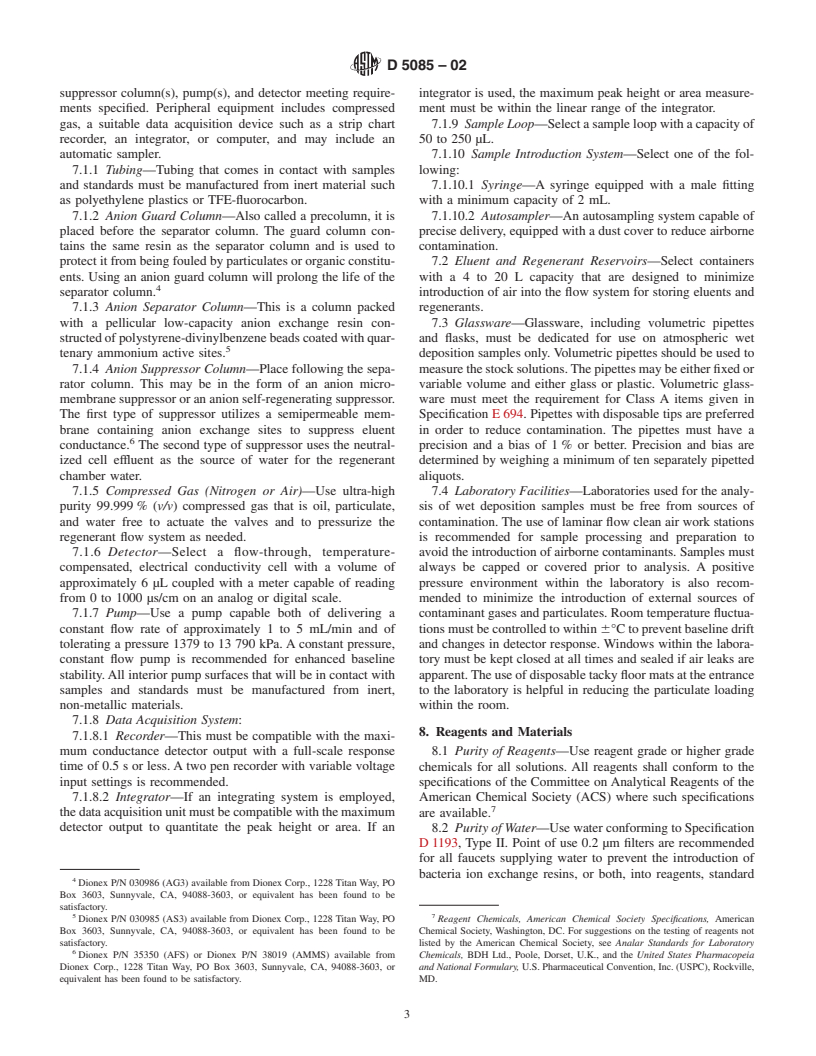 ASTM D5085-02 - Standard Test Method for Determination of Chloride, Nitrate, and Sulfate in Atmospheric Wet Deposition by Chemically Suppressed Ion Chromatography