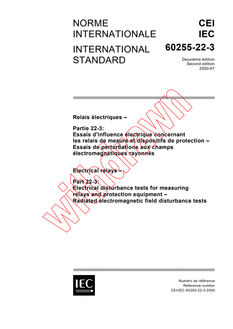 IEC 60255-22-3:2000 - Electrical relays - Part 22-3: Electrical disturbance tests for measuring relays and protection equipment - Radiated electromagnetic field disturbance tests
Released:7/21/2000
Isbn:2831853257
