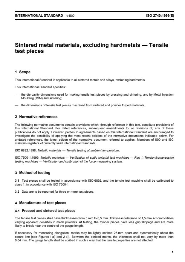 ISO 2740:1999 - Sintered metal materials, excluding hardmetals -- Tensile test pieces