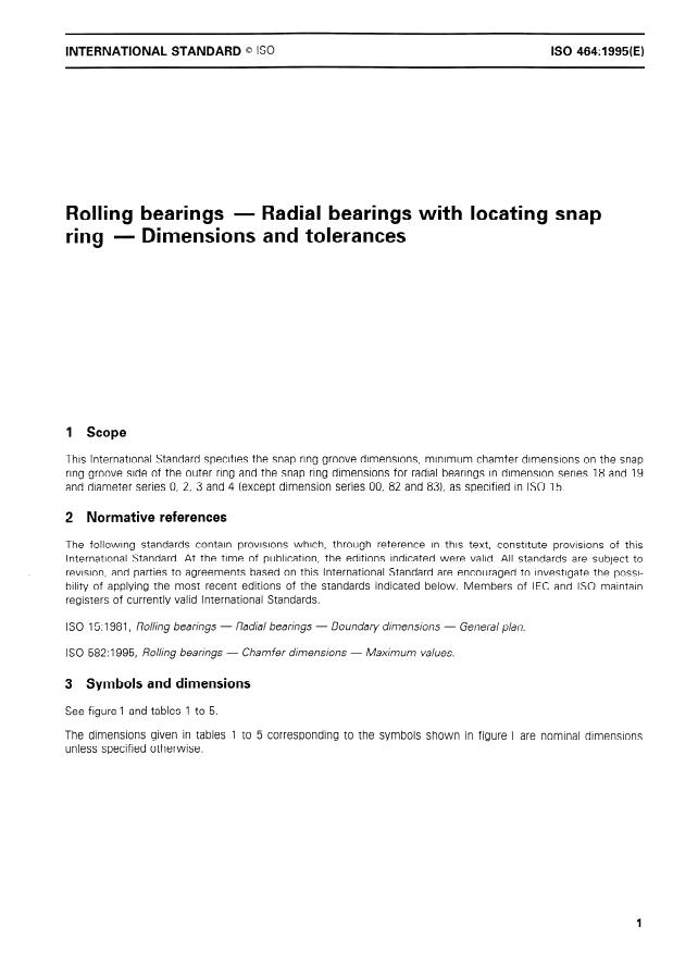 ISO 464:1995 - Rolling bearings -- Radial bearings with locating snap ring -- Dimensions and tolerances