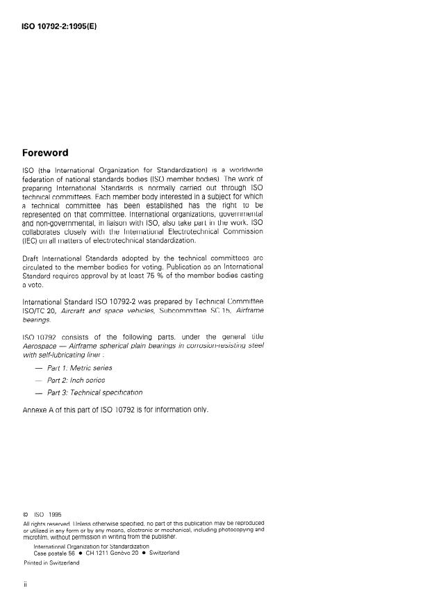 ISO 10792-2:1995 - Aerospace Airframe Spherical Plain Bearings Inch