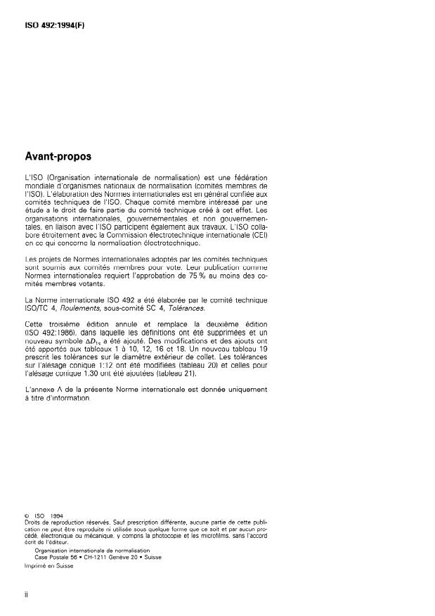 ISO 492:1994 ISO 492:1994 - Roulements -- Roulements radiaux -- Tolérances - Page 2 preview