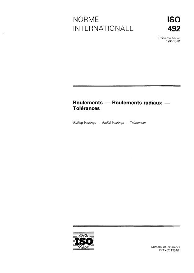ISO 492:1994 - Roulements -- Roulements radiaux -- Tolérances
