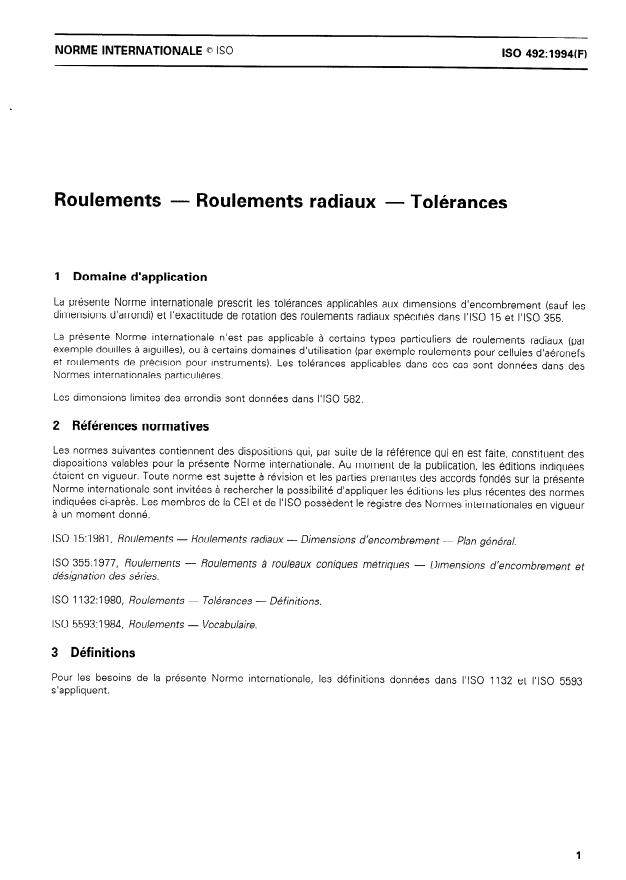 ISO 492:1994 - Roulements -- Roulements radiaux -- Tolérances