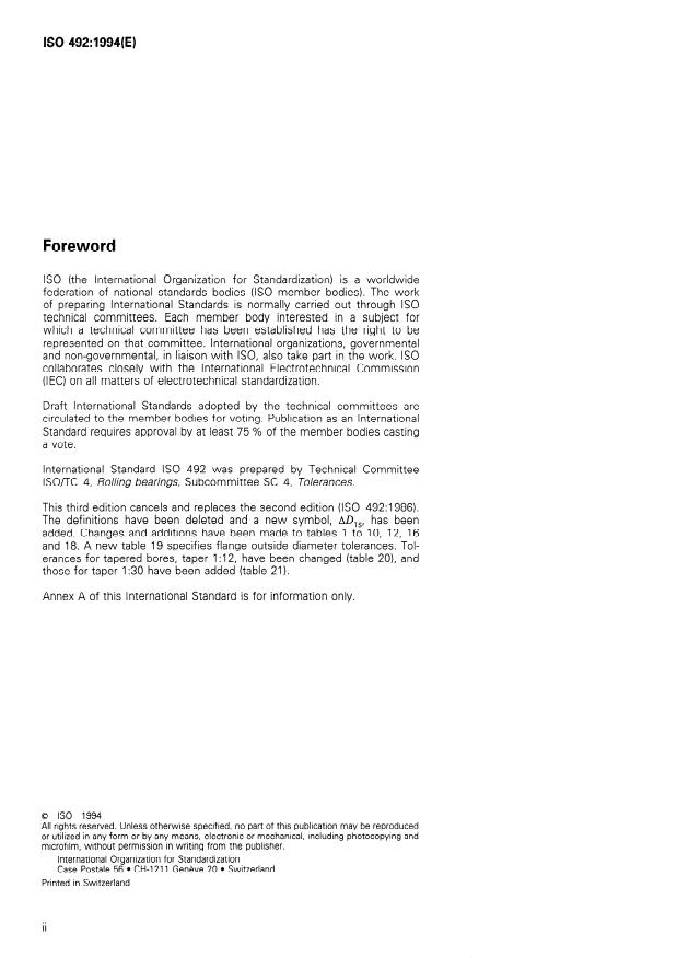 ISO 492:1994 ISO 492:1994 - Rolling bearings -- Radial bearings -- Tolerances - Page 2 preview