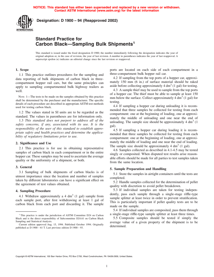 ASTM D1900-94(2002) - Standard Practice for Carbon Black&#8212;Sampling Bulk Shipments