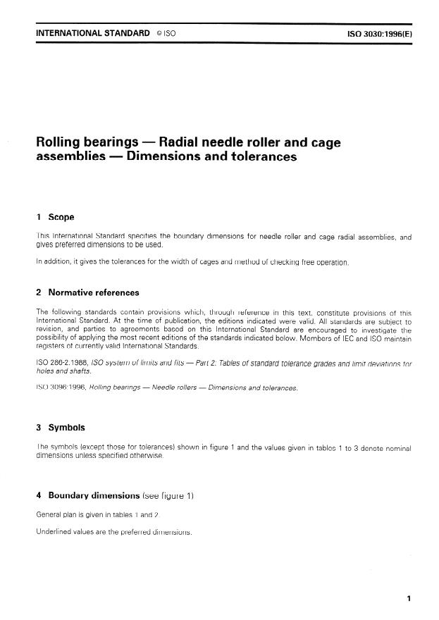 ISO 3030:1996 - Rolling bearings -- Radial needle roller and cage assemblies -- Dimensions and tolerances