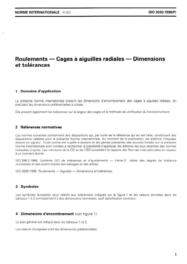 ISO 3030:1996 - Roulements -- Cages a aiguilles radiales -- Dimensions et tolérances