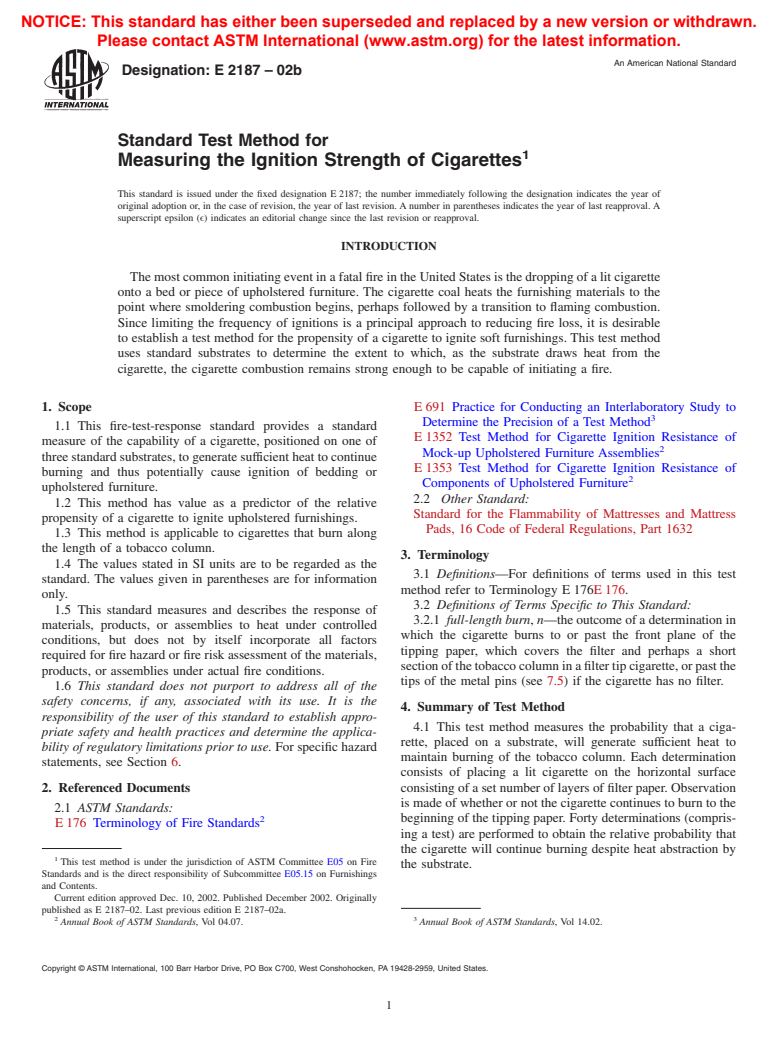 ASTM E2187-02b - Standard Test Method for Measuring the Ignition Strength of Cigarettes