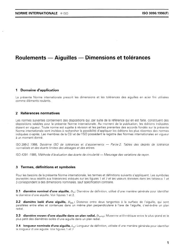 ISO 3096:1996 - Roulements -- Aiguilles -- Dimensions et tolérances
