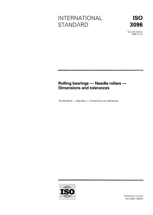ISO 3096:1996 - Rolling bearings -- Needle rollers -- Dimensions and tolerances