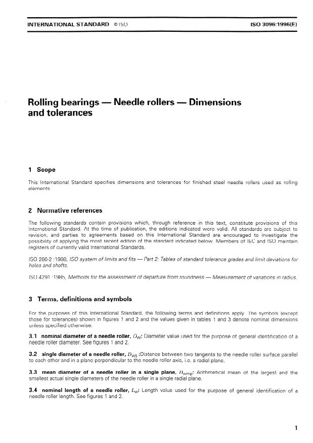 ISO 3096:1996 - Rolling bearings -- Needle rollers -- Dimensions and tolerances
