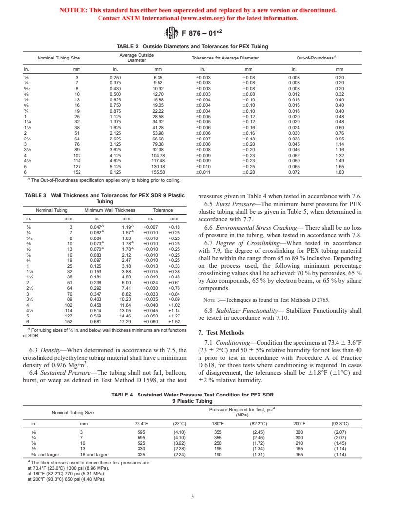 Astm F876-01e2 - Standard Specification For Crosslinked Polyethylene 