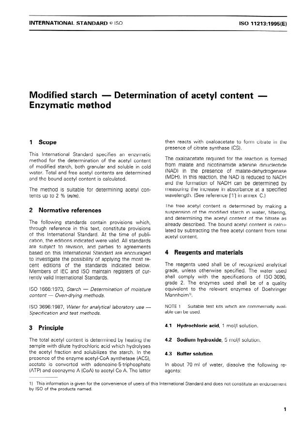 ISO 11213:1995 - Modified starch -- Determination of acetyl content -- Enzymatic method