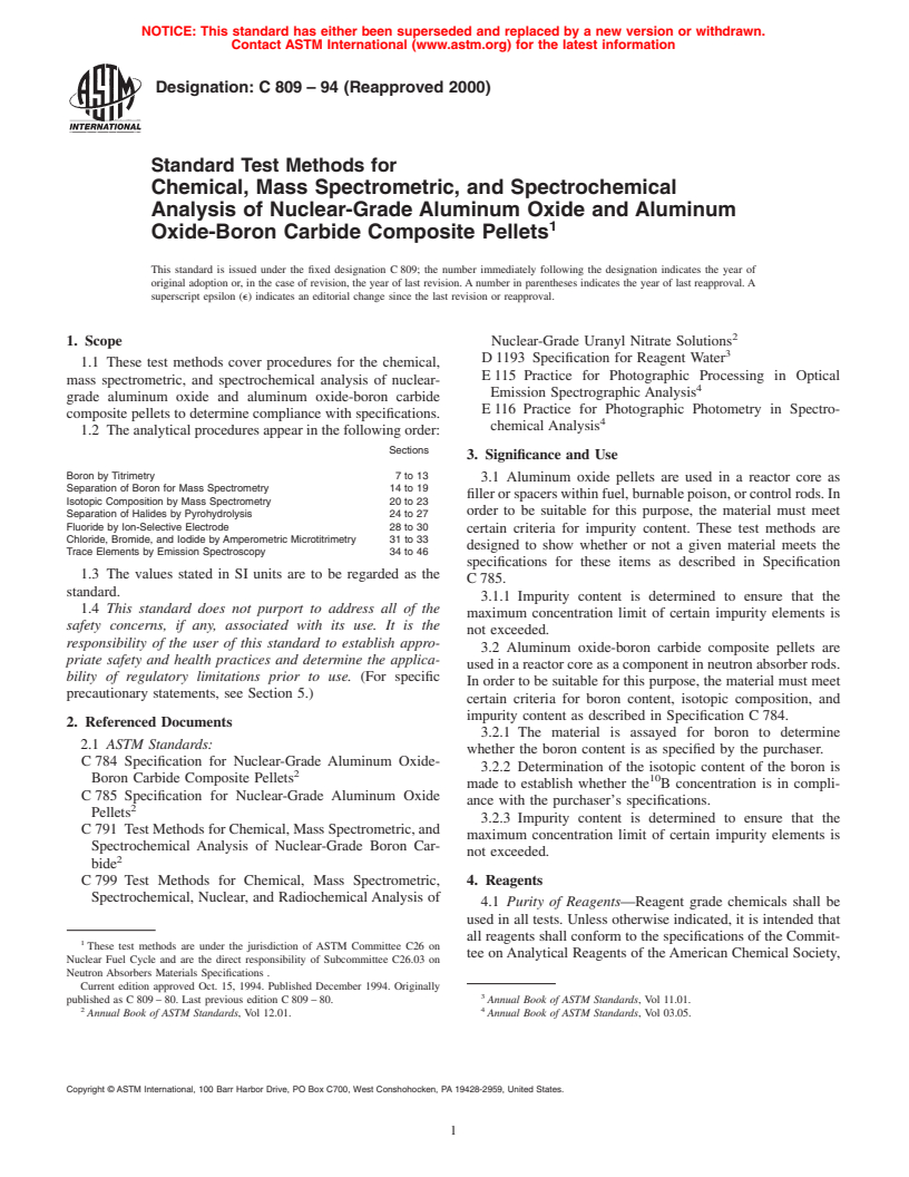 ASTM C809-94(2000) - Standard Test Methods for Chemical, Mass Spectrometric, and Spectrochemical Analysis of Nuclear-Grade Aluminum Oxide and Aluminum Oxide-Boron Carbide Composite Pellets