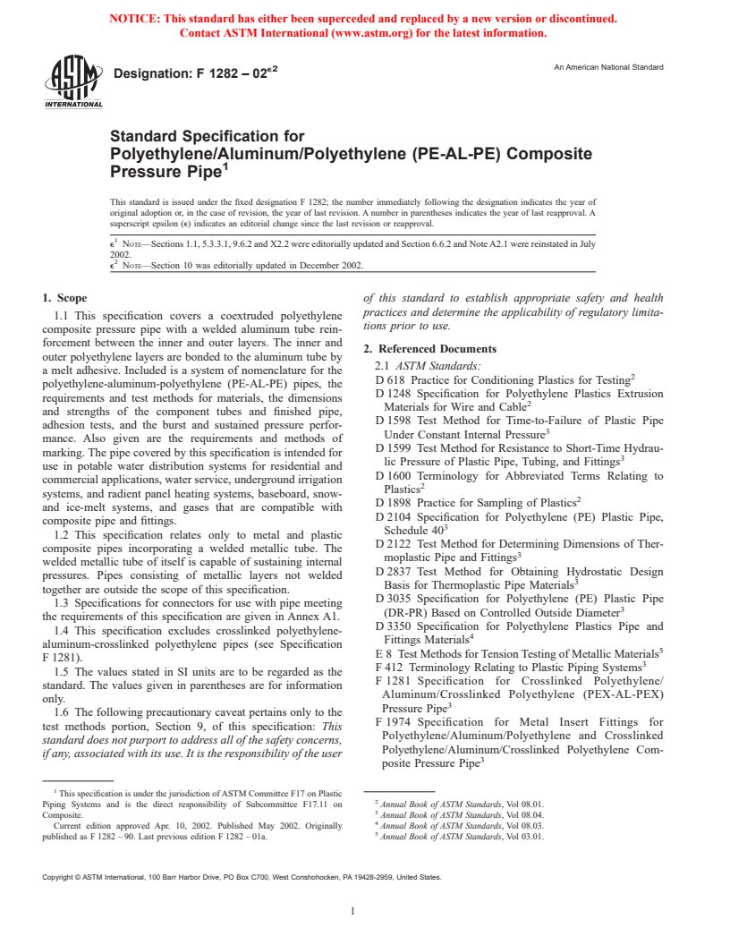 ASTM F1282-02e2 - Standard Specification for Polyethylene/Aluminum/Polyethylene (PE-AL-PE) Composite Pressure Pipe