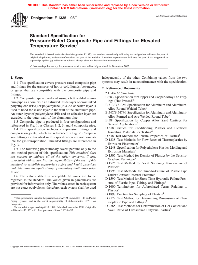 ASTM F1335-98e1 - Standard Specification for Pressure-Rated Composite Pipe and Fittings for Elevated Temperature Service