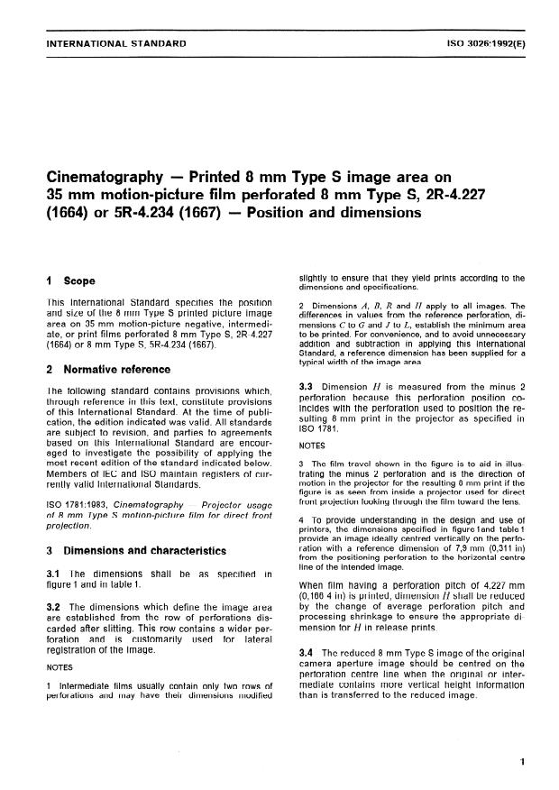 ISO 3026:1992 - Cinematography -- Printed 8 mm Type S image area on 35 mm motion-picture film perforated 8 mm Type S, 2R-4.227 (1664) or 5R-4.234 (1667) -- Position and dimensions