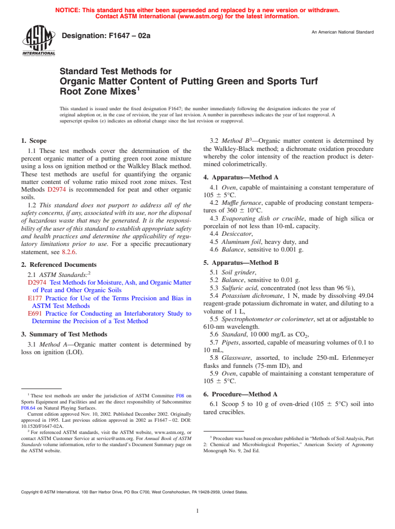 ASTM F1647-02a - Standard Test Methods for Organic Matter Content of Putting Green and Sports Turf Root Zone Mixes