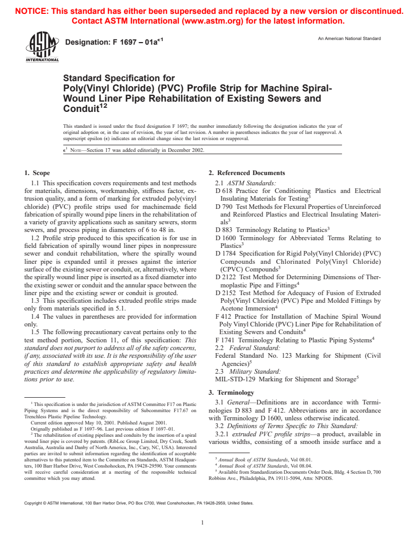 ASTM F1697-01ae1 - Standard Specification for Poly(Vinyl Chloride) (PVC) Profile Strip for Machine Spiral-Wound Liner Pipe Rehabilitation of Existing Sewers and Conduits