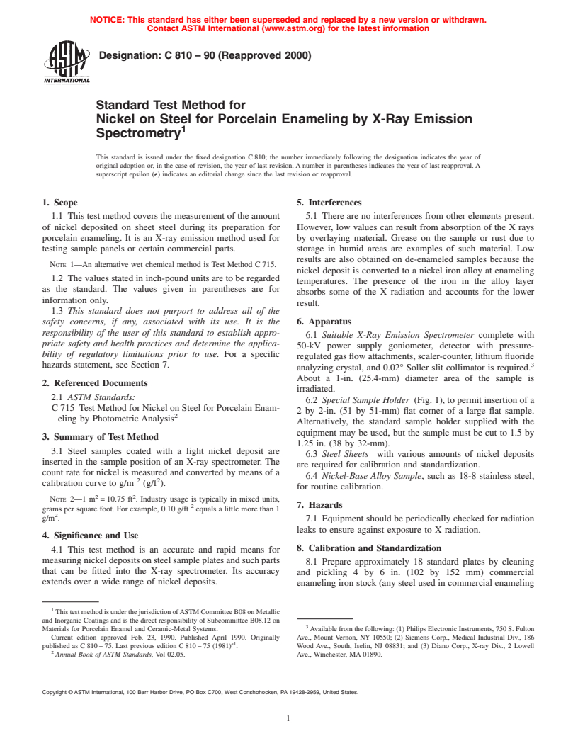 ASTM C810-90(2000) - Standard Test Method for Nickel on Steel for Porcelain Enameling by X-Ray Emission Spectrometry