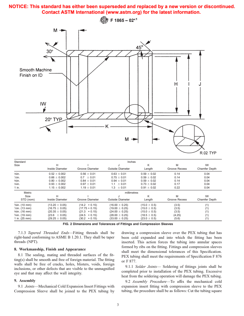 ASTM F1865-02e1 - Standard Specification for Mechanical Cold Expansion Insert Fitting With Compression Sleeve for Cross-linked Polyethylene (PEX) Tubing