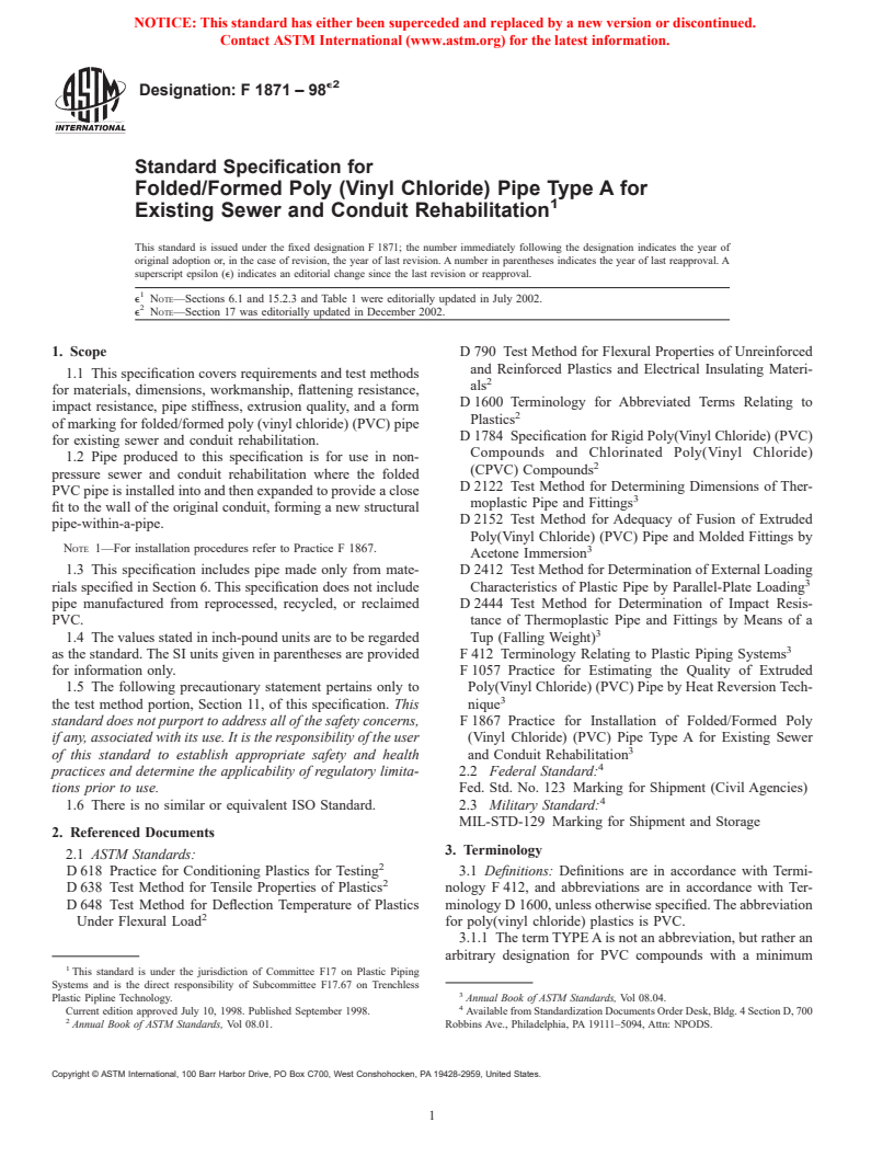 ASTM F1871-98e2 - Standard Specification for Folder/Formed Poly (Vinyl Chloride) Pipe Type A for Existing Sewer and Conduit Rehabilitation