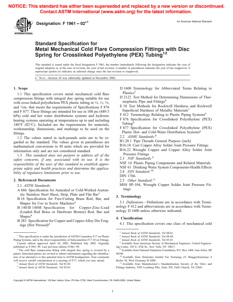 ASTM F1961-02e1 - Standard Specification for Metal Mechanical Cold Flare Compression Fittings with Disc Spring for Crosslinked Polyethylene (PEX) Tubing