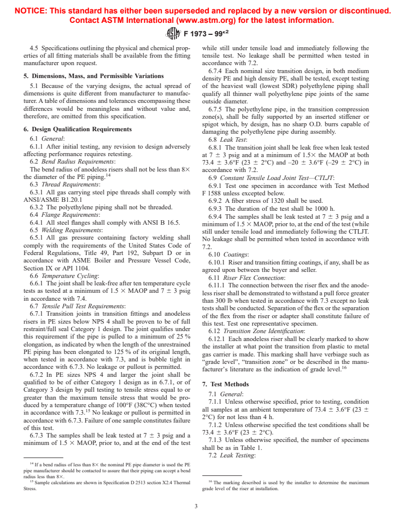 ASTM F1973-99e2 - Standard Specification for Factory Assebled Anodeless Risers and Transition Fittings in Polyethylene (PE) Fuel Gas Distribution Systems