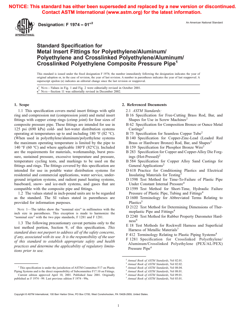 ASTM F1974-01e2 - Standard Specification for Metal Insert Fittings for Polyethylene/Aluminum/Polyethylene and Crosslinked Polyethylene/Aluminum/Crosslinked Polyethylene Composite Pressure Pipe