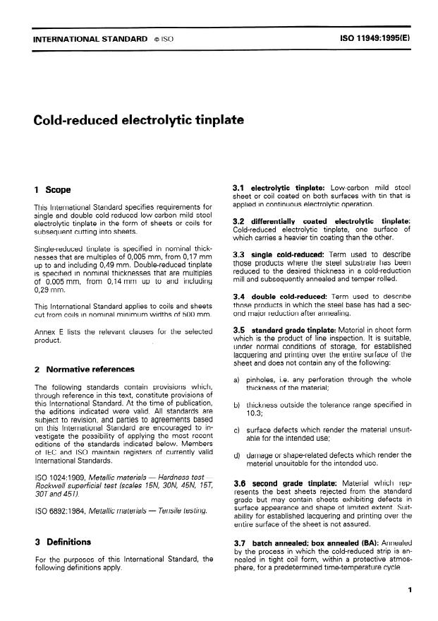 ISO 11949:1995 - Cold-reduced electrolytic tinplate