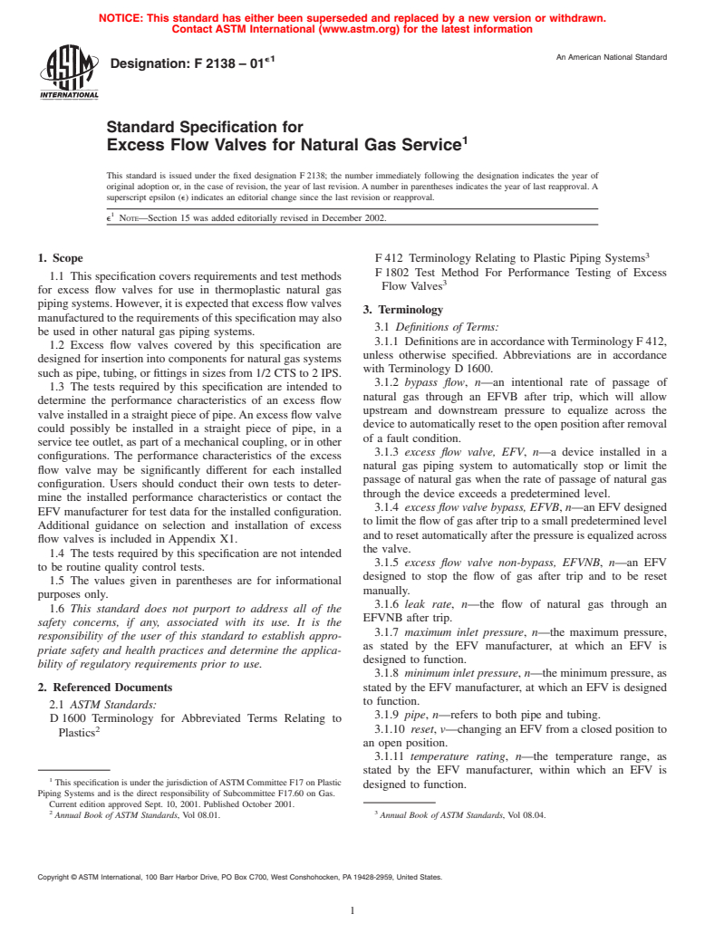 ASTM F2138-01e1 - Standard Specification for Excess Flow Valves for Natural Gas Service