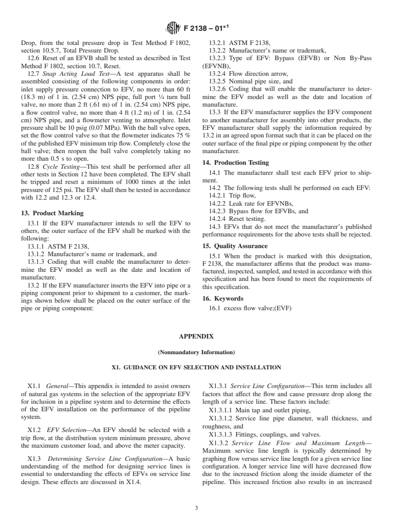 ASTM F2138-01e1 - Standard Specification for Excess Flow Valves for Natural Gas Service