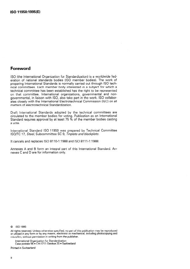 ISO 11950:1995 ISO 11950:1995 - Cold-reduced electrolytic chromium/chromium oxide-coated steel - Page 2 preview