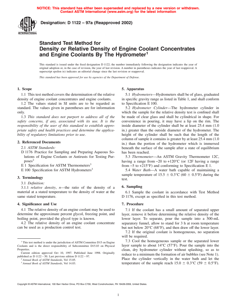 ASTM D1122-97a(2002) - Standard Test Method for Density or Relative Density of Engine Coolant Concentrates and Engine Coolants By The Hydrometer