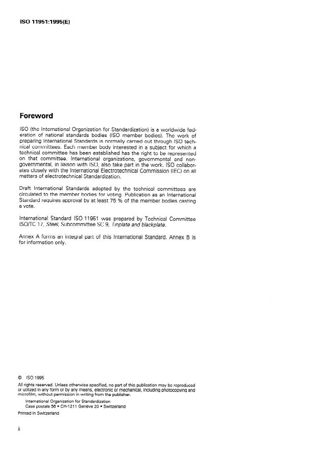 ISO 11951:1995 ISO 11951:1995 - Cold-reduced blackplate in coil form for the production of tinplate or electrolytic chromium/chromium oxide-coated steel - Page 2 preview